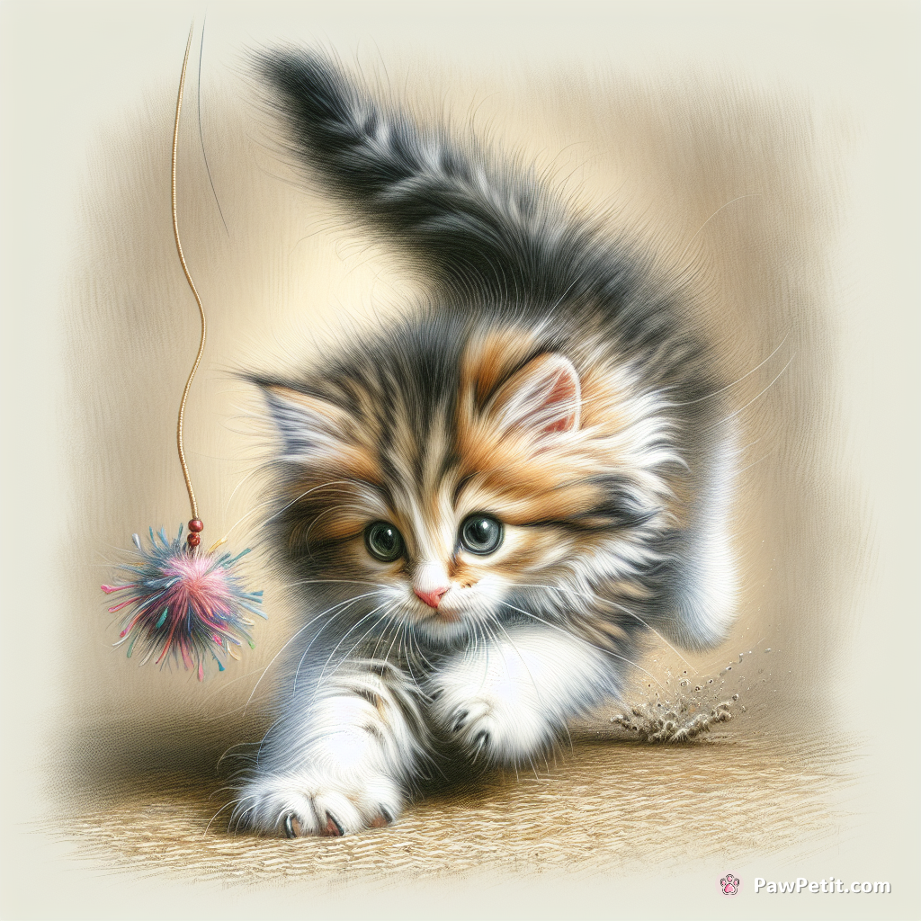 A playful kitten pouncing on a dangling toy with fluffy enthusiasm.