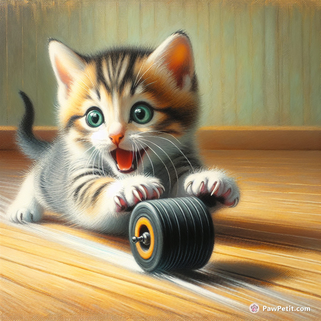 A playful kitten pouncing on a rolling toy with wide-eyed curiosity.