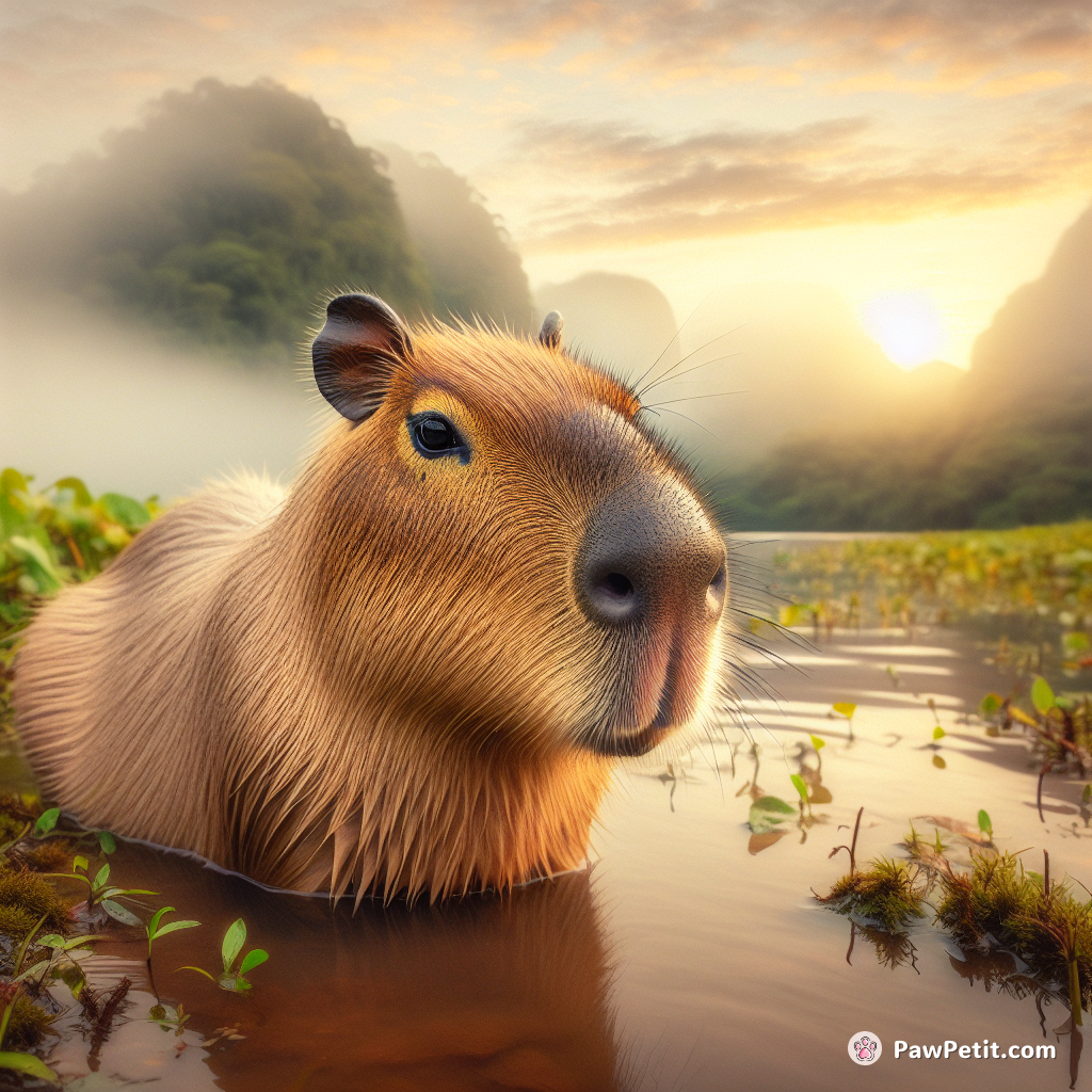 Capybara是世界上最大的啮齿动物，类似于大型仓鼠，主要栖息于南美洲湿地和河流附近，是温和友善的动物。