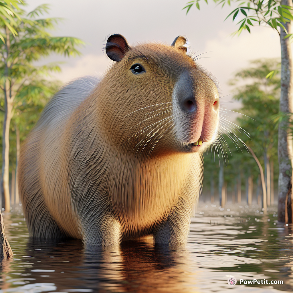 Capybara是南美洲最大的啮齿动物，外观类似大型仓鼠，常生活在沼泽地带，以草食为主。