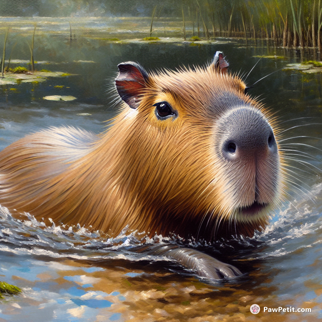 Capybara是南美洲最大的啮齿动物，外观类似大型仓鼠，常见于沼泽地带，喜欢泡水游泳。