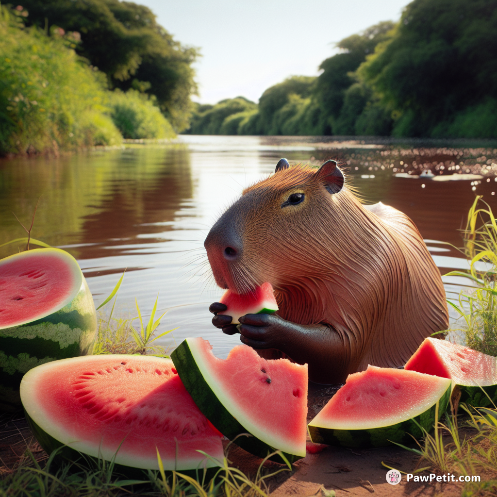 The capybara contently munches on some watermelon slices by the riverside.