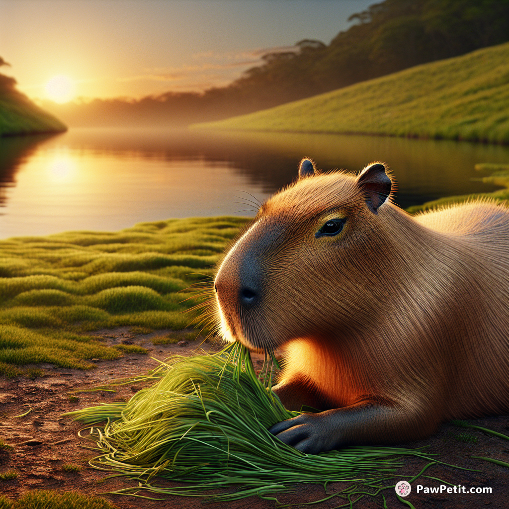 The capybara leisurely munches on some grass by a tranquil pond.