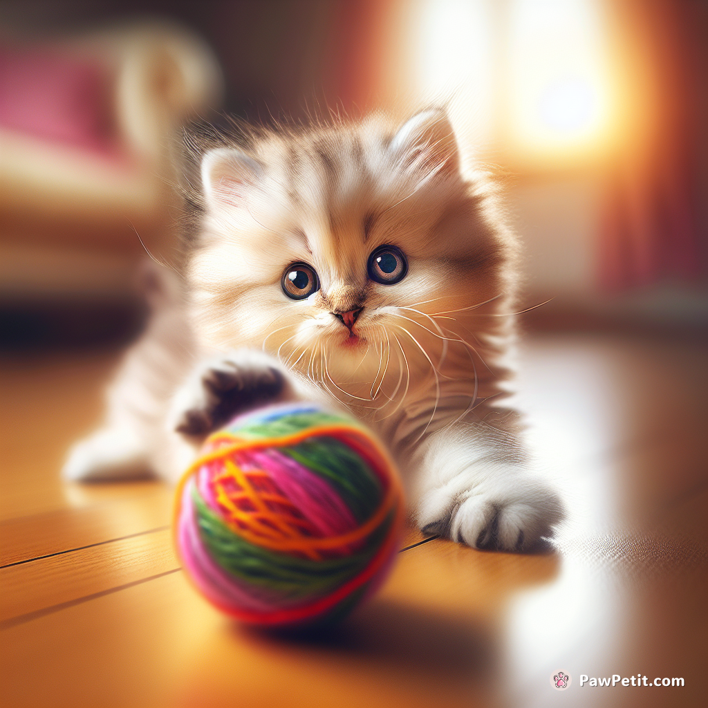 The fluffy kitten pounced playfully on a moving ball of yarn.