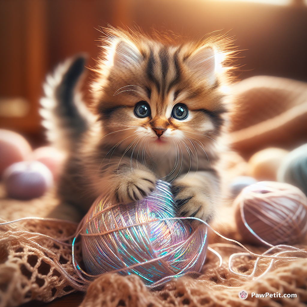 The fluffy kitten pounced playfully on a shiny ball of yarn.