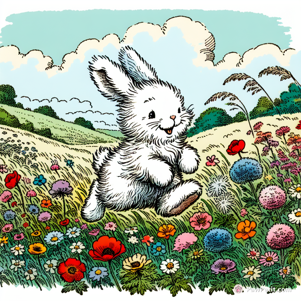 The fluffy rabbit hops joyfully through a field of wildflowers.