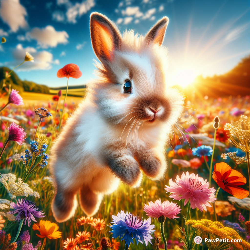 The fluffy rabbit hops playfully around a field of wildflowers.