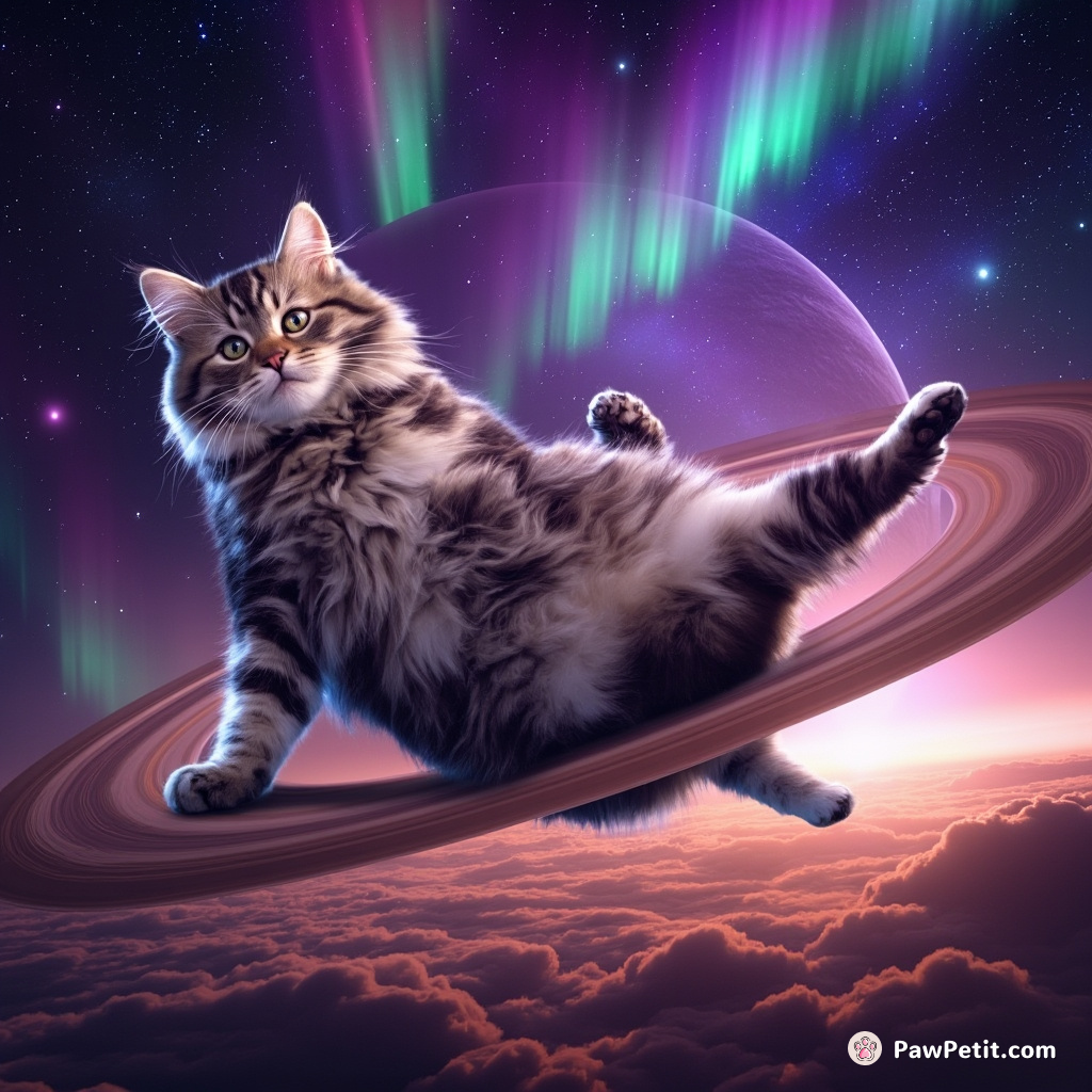 A cat breakdancing on Saturn's rings while sipping dinosaur-shaped galaxy tea under neon rainbow auroras.