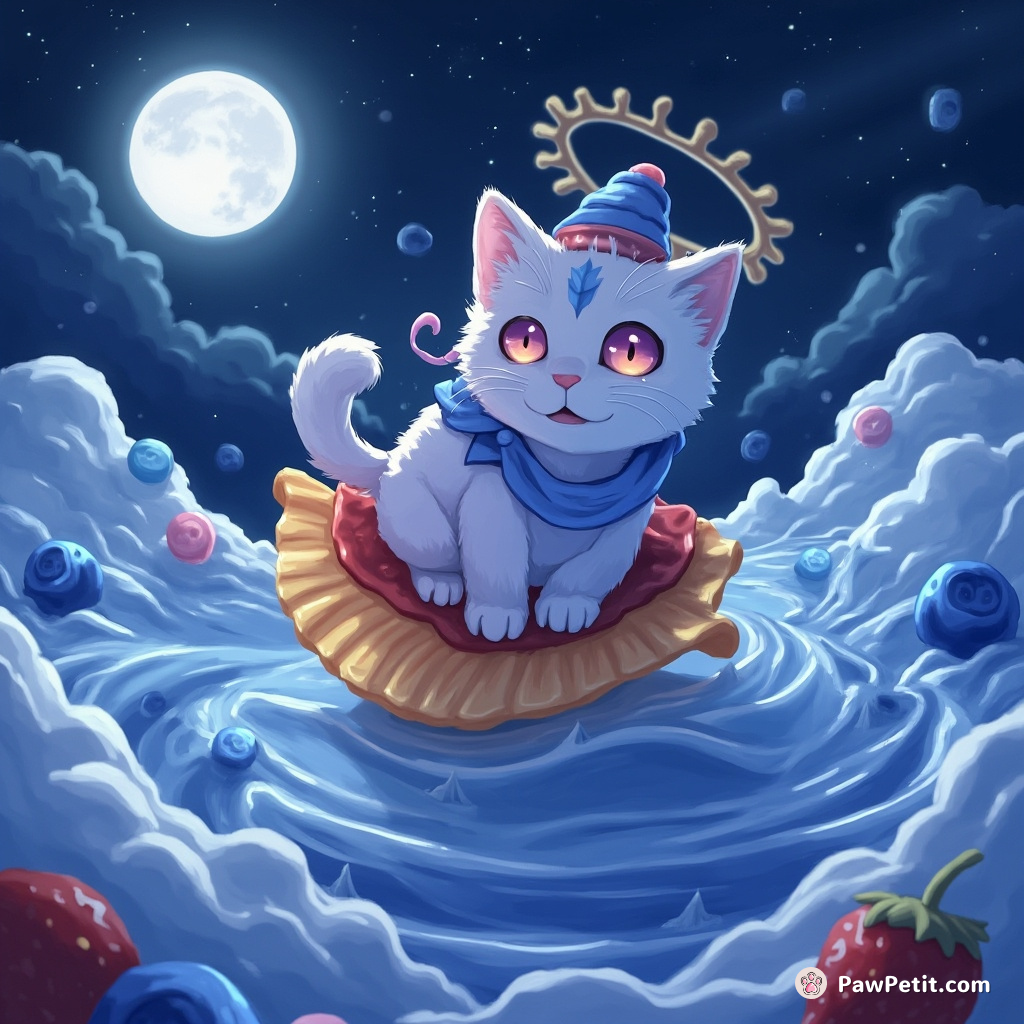 A mystic cat surfing on a nacho chip in an ocean made of blueberry yogurt under strawberry moonlight.