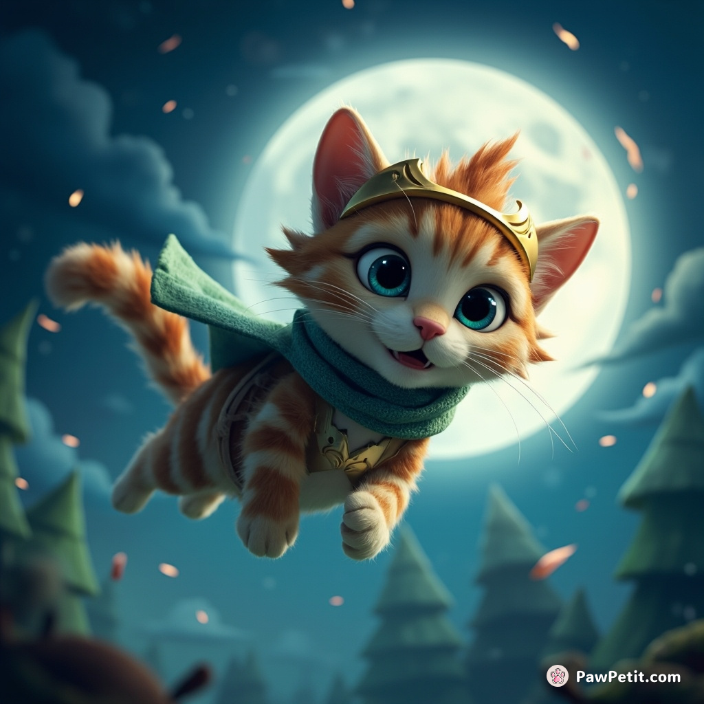Feline hero leaps through moonlit skies, chasing the vanishing Comet of Courage to save the Enchanted Forest.