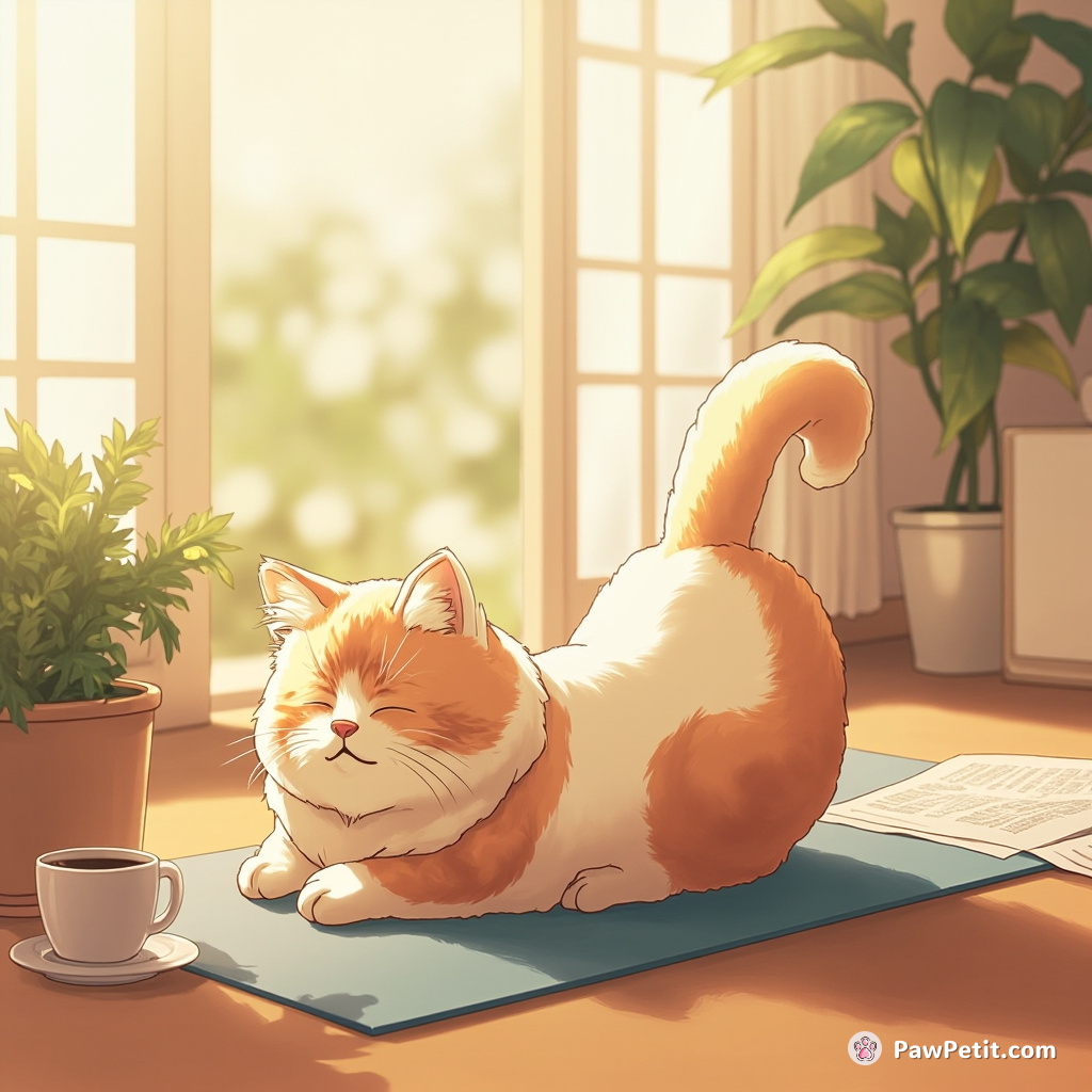 The feline practices yoga, purring in downward dog while dreaming of sipping coffee and reading the morning paper.