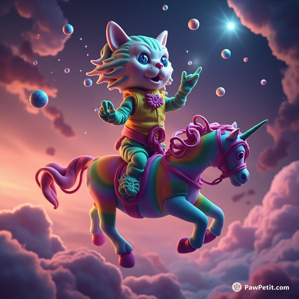 A giant neon-colored cat effortlessly juggling tiny worlds in an intergalactic circus while riding on a rainbow-striped unicorn.