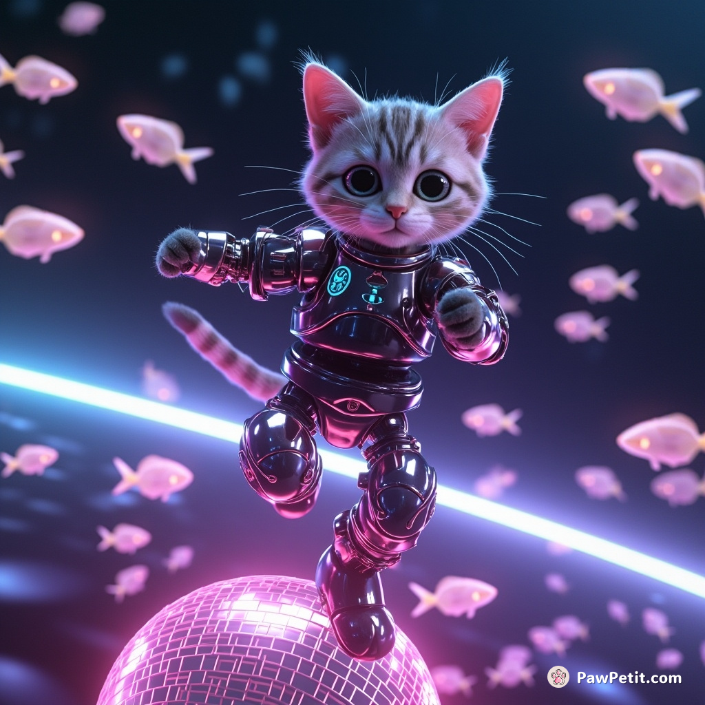 A cybernetic cat dancing a samba on a floating disco ball in zero gravity, illuminated by neon lights from translucent flying fish.