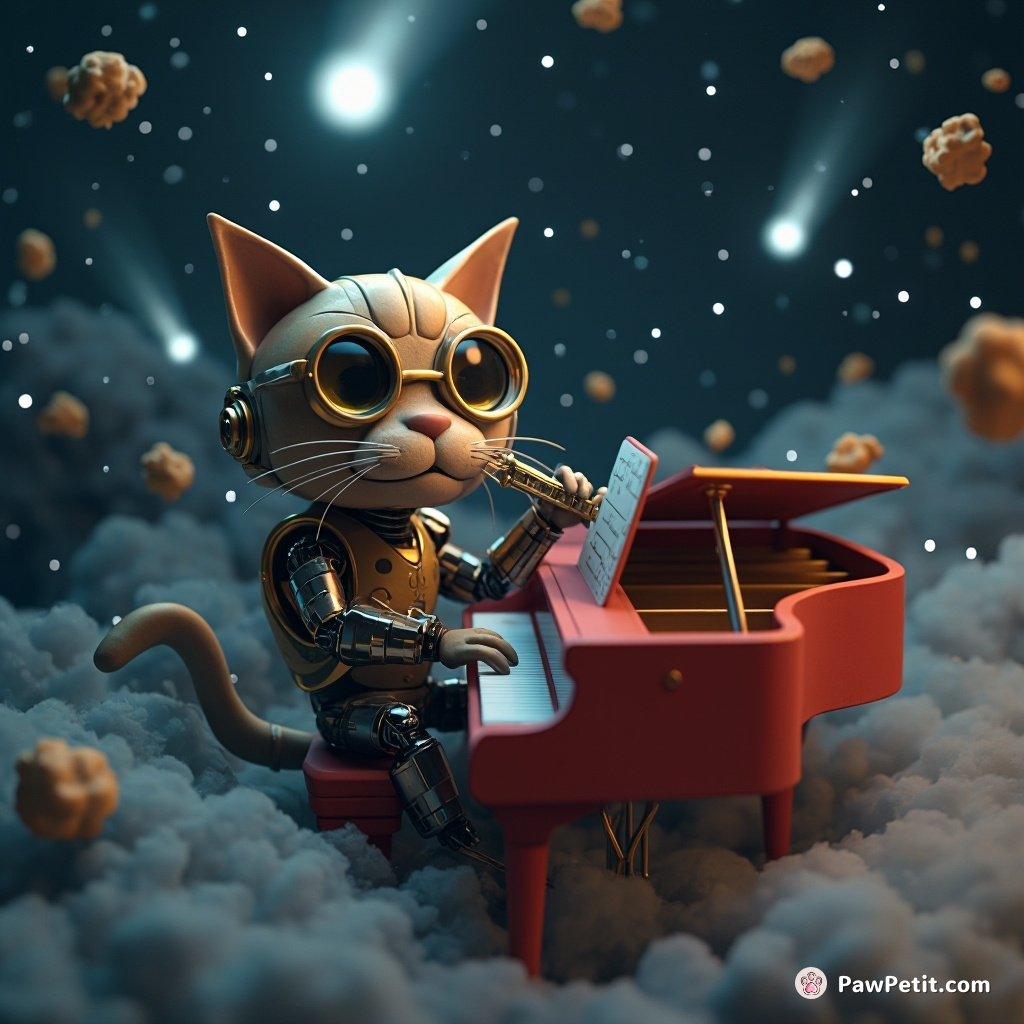 Cyborg cat composing symphony on a floating grand piano amidst a meteor shower.