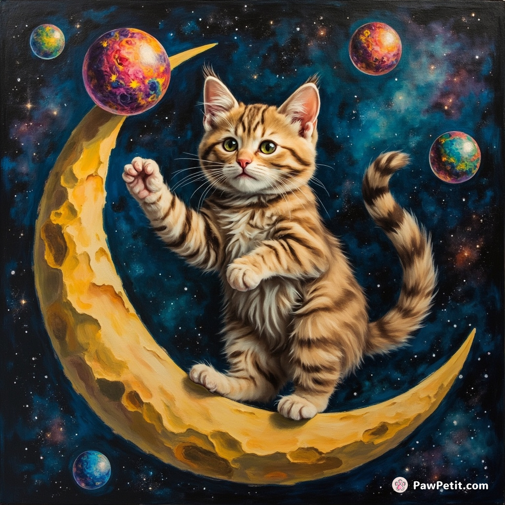 A cosmic cat balancing on the crescent moon, juggling nebula-shaped marbles with its tail.