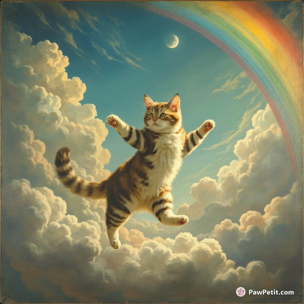Cat performing a moonwalk on a rainbow cloud in the style of Michelangelo's architectural paintings.