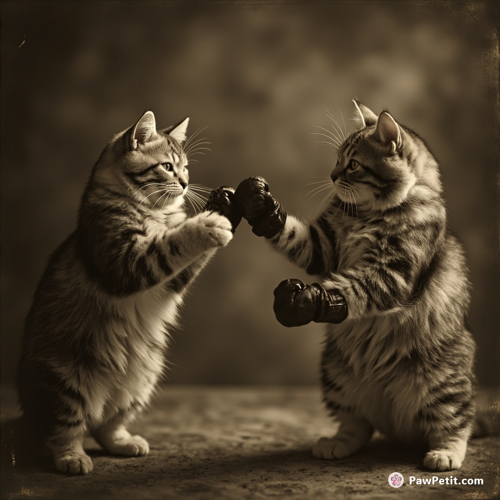 Victorian cats boxing in an antique sepia photo with their furry fists looking ferocious.