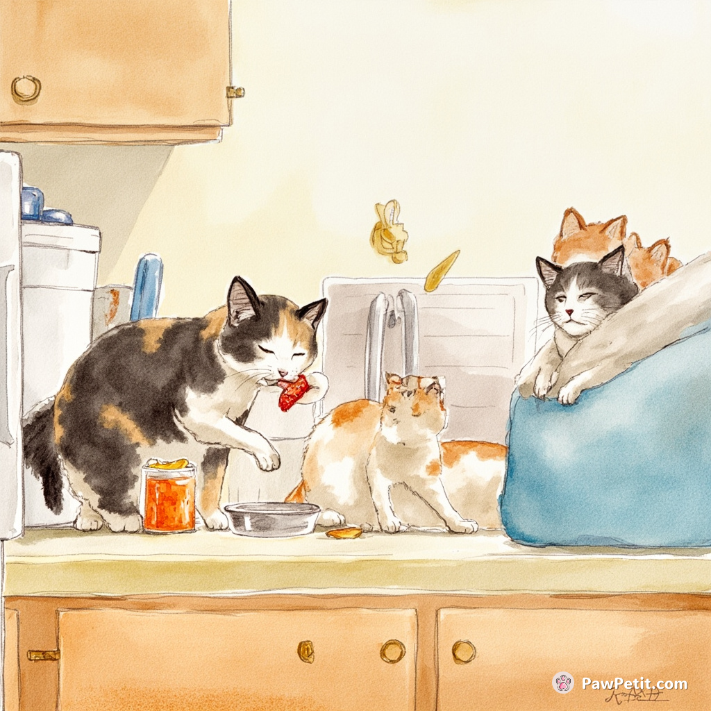 Cats stealthily swipe food from countertops as humans remain unaware of their secret feline roommates.