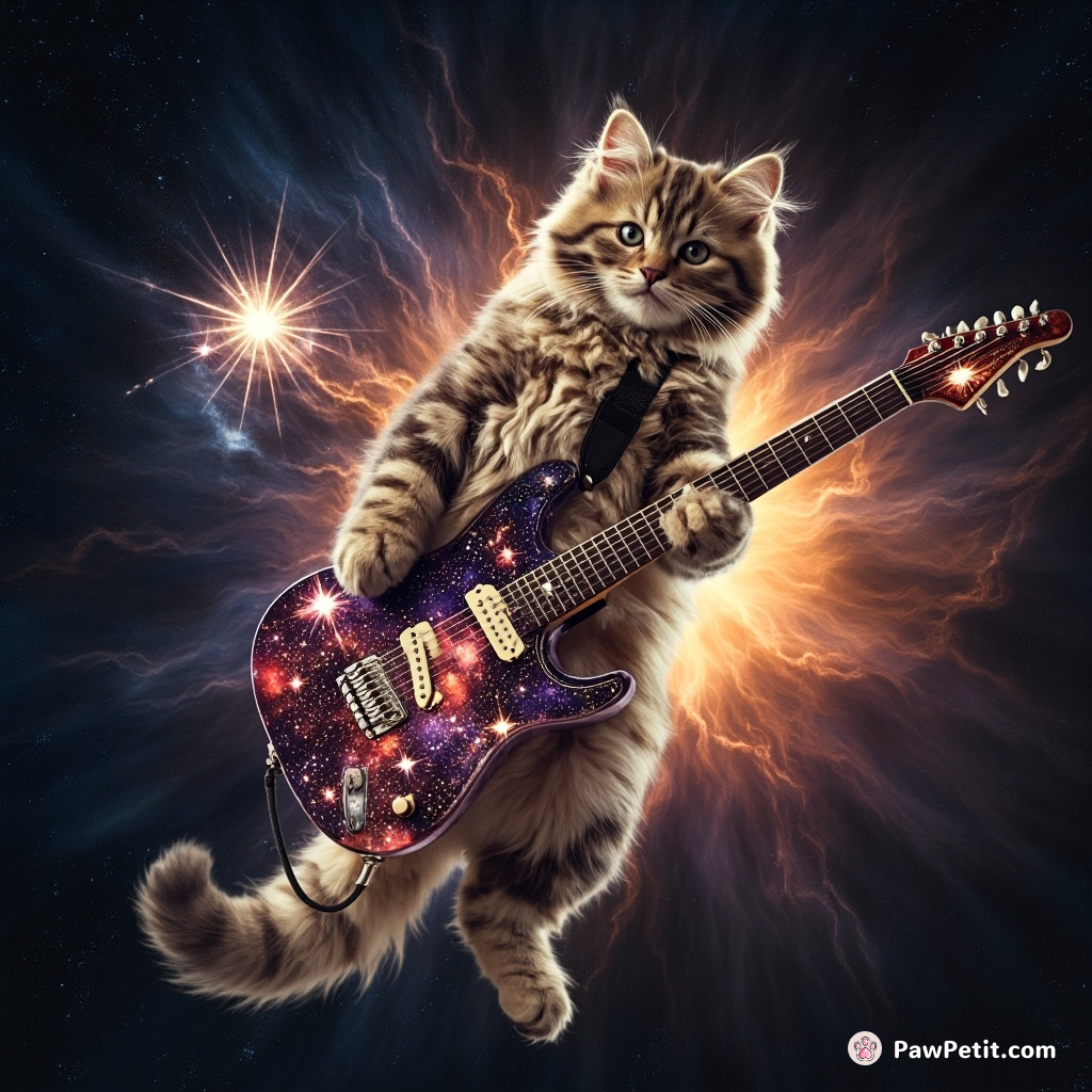 A cat, twisting in mid-jump, over a supernova while playing an electric guitar made of stars.