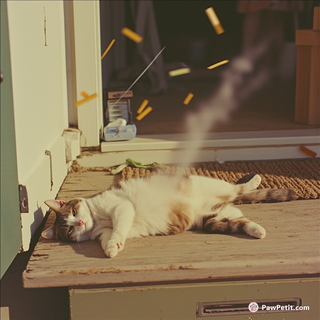 The cat sprawls on the porch, mimicking a human's sunbathing pose, tail flicking in mock relaxation as chaos erupts around it.