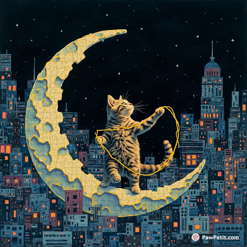 Cat lassoing a crescent moon with neon spaghetti in an undersea city made of jigsaw puzzles.