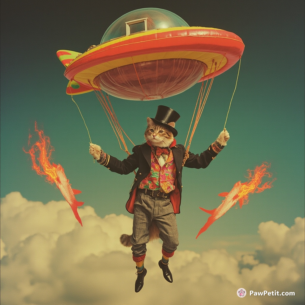 A cat parachuting down from a rainbow spaceship, juggling flaming fish while wearing tights and a top hat.