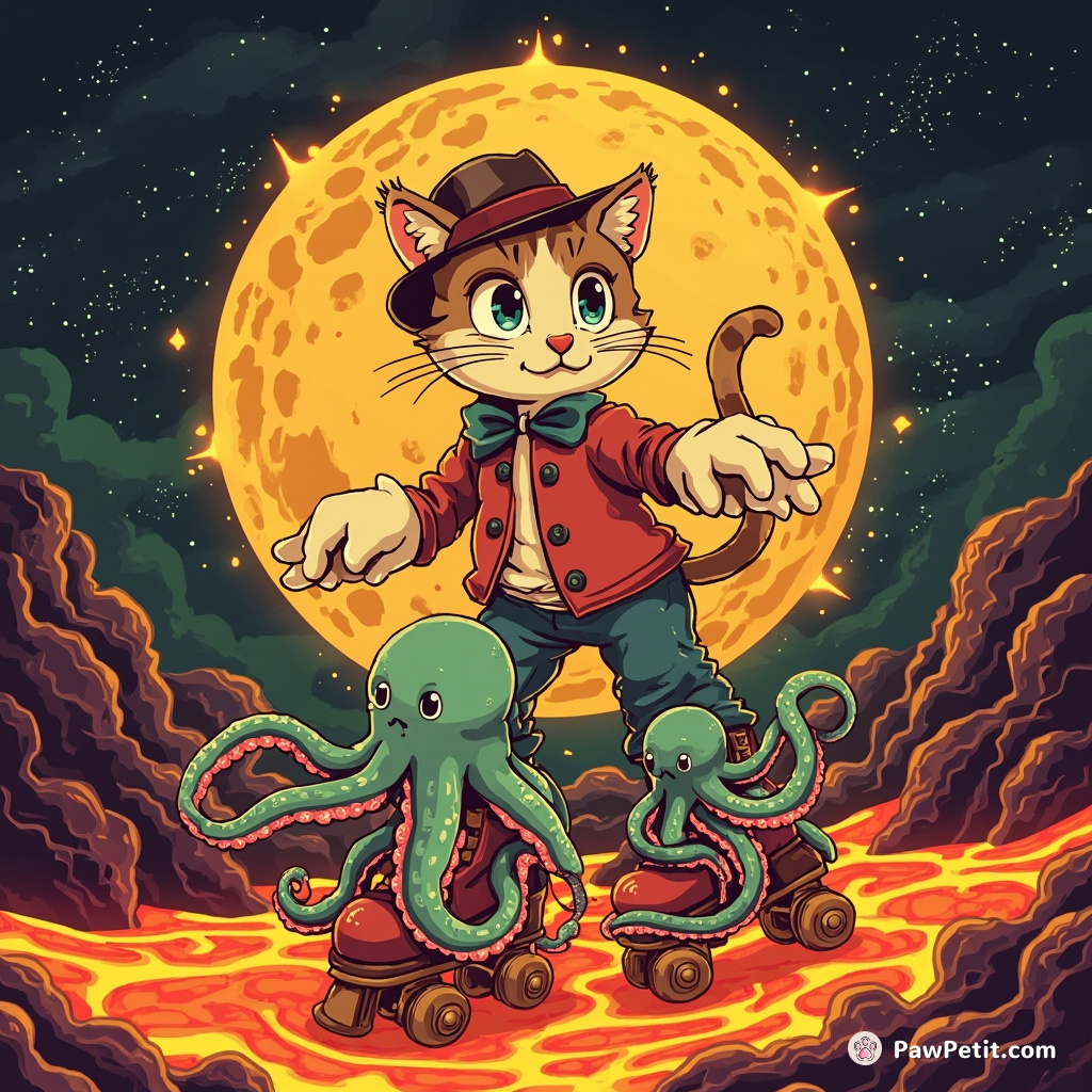 A cartoony cat reluctantly using two octopuses as 1950's era roller-skates on a lava-ridden cheddar cheese moon.