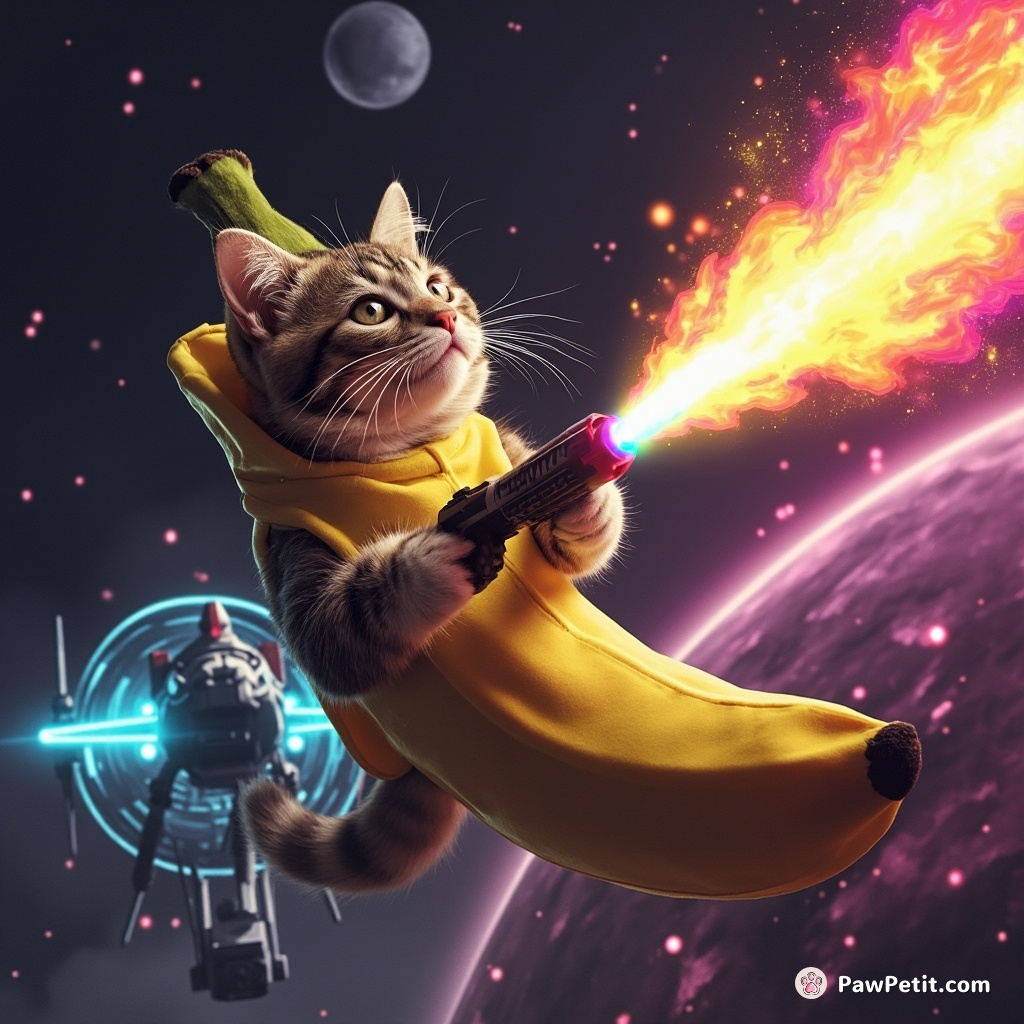 Cat conquering the alien spaceship using a rainbow laser-flamethrower while dressed as a banana.