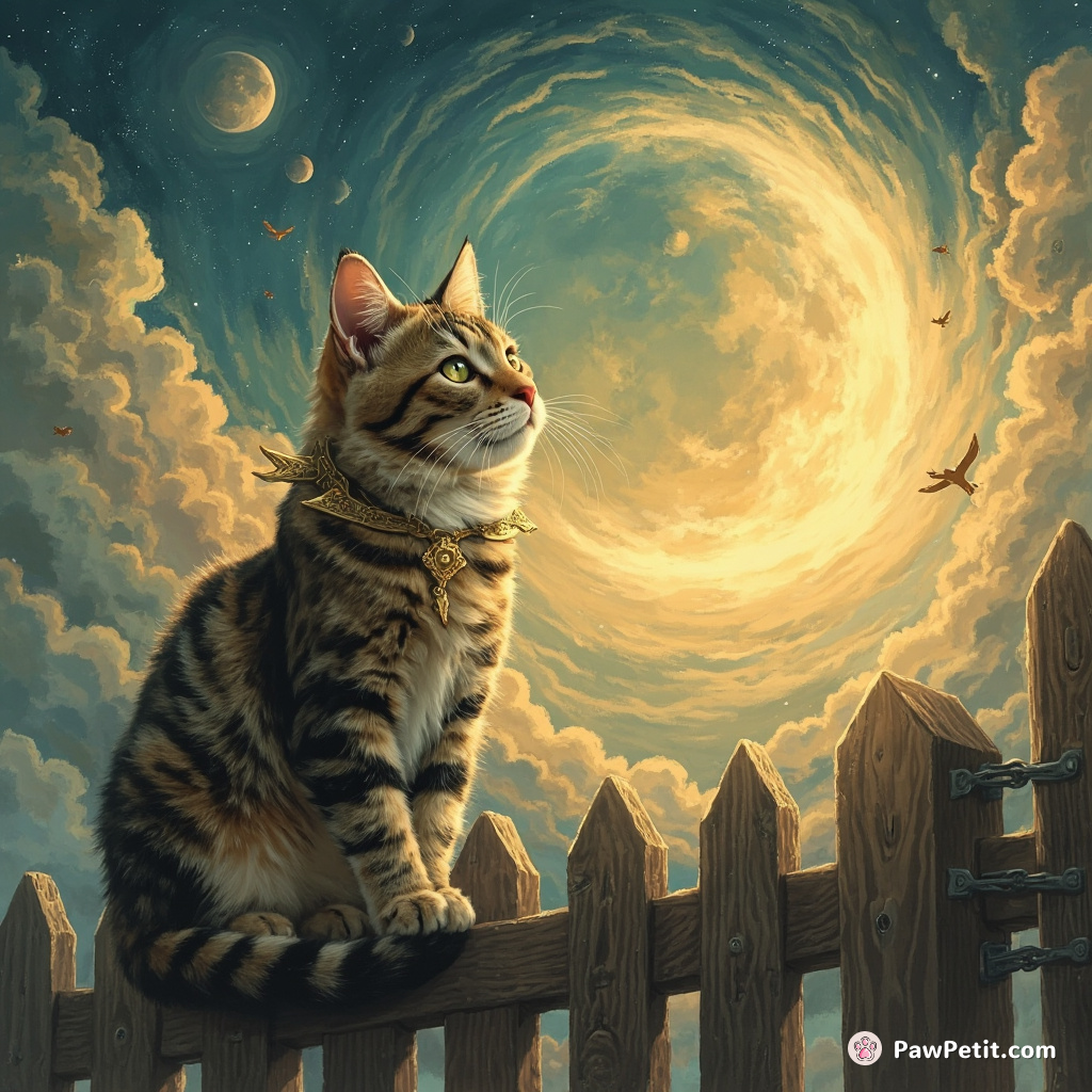 Cat leaps onto fence, sits regally, surveying world with paws tucked, dreaming of human-like freedom.