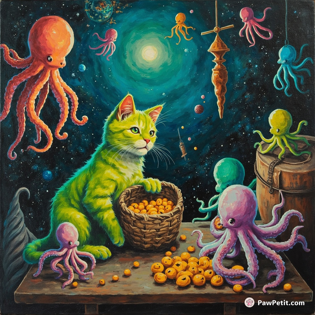 A neon-green cat bartering with fluorescent octopuses in a floating space market.