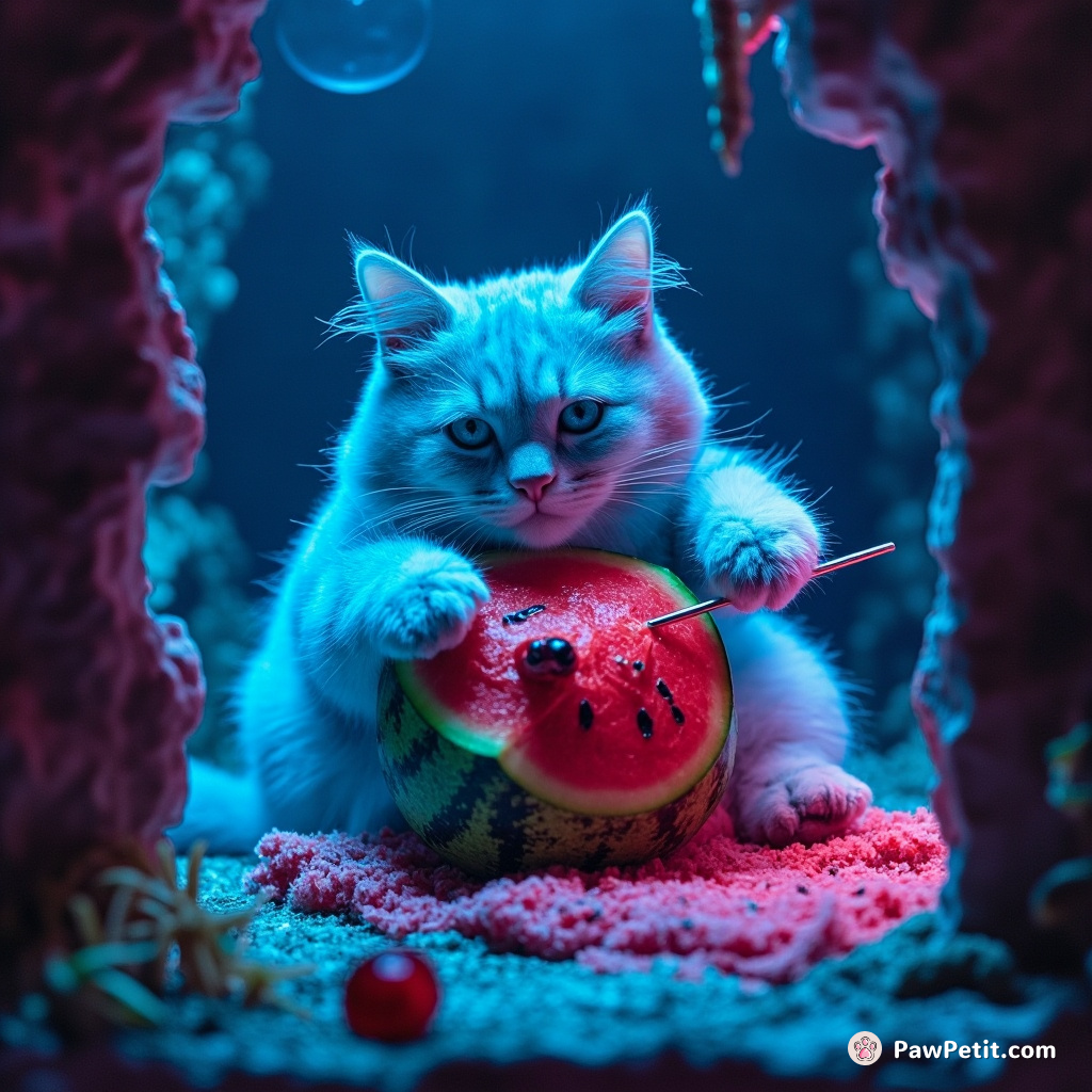 A neon blue cat performing heart surgery on a watermelon with chopsticks in an underwater castle.
