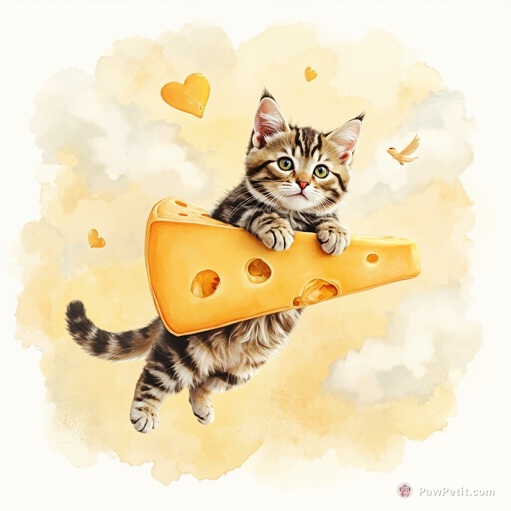 A tabby cat shapeshifting into a stack of flying gruyere cheese.