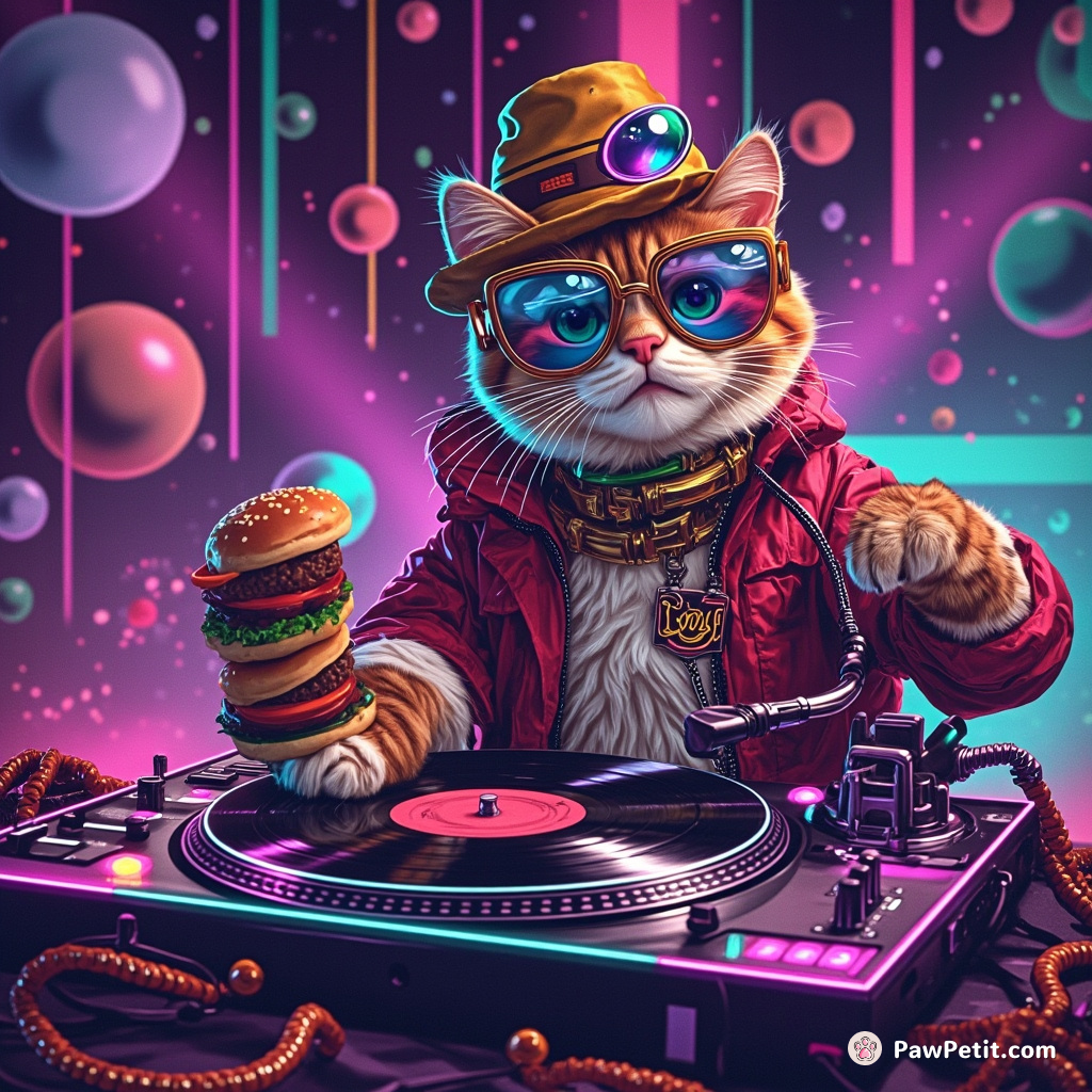 Cat DJing a retro disco party on a cheeseburger turntable, wearing neon sunglasses and space boots.