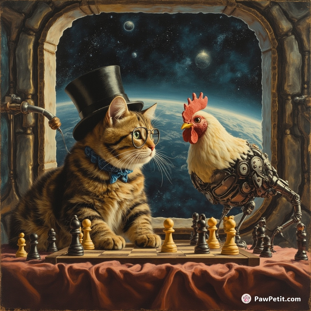 Cat wearing a top hat and monocle playing a game of chess against a robotic chicken in an Interstellar Space Station.