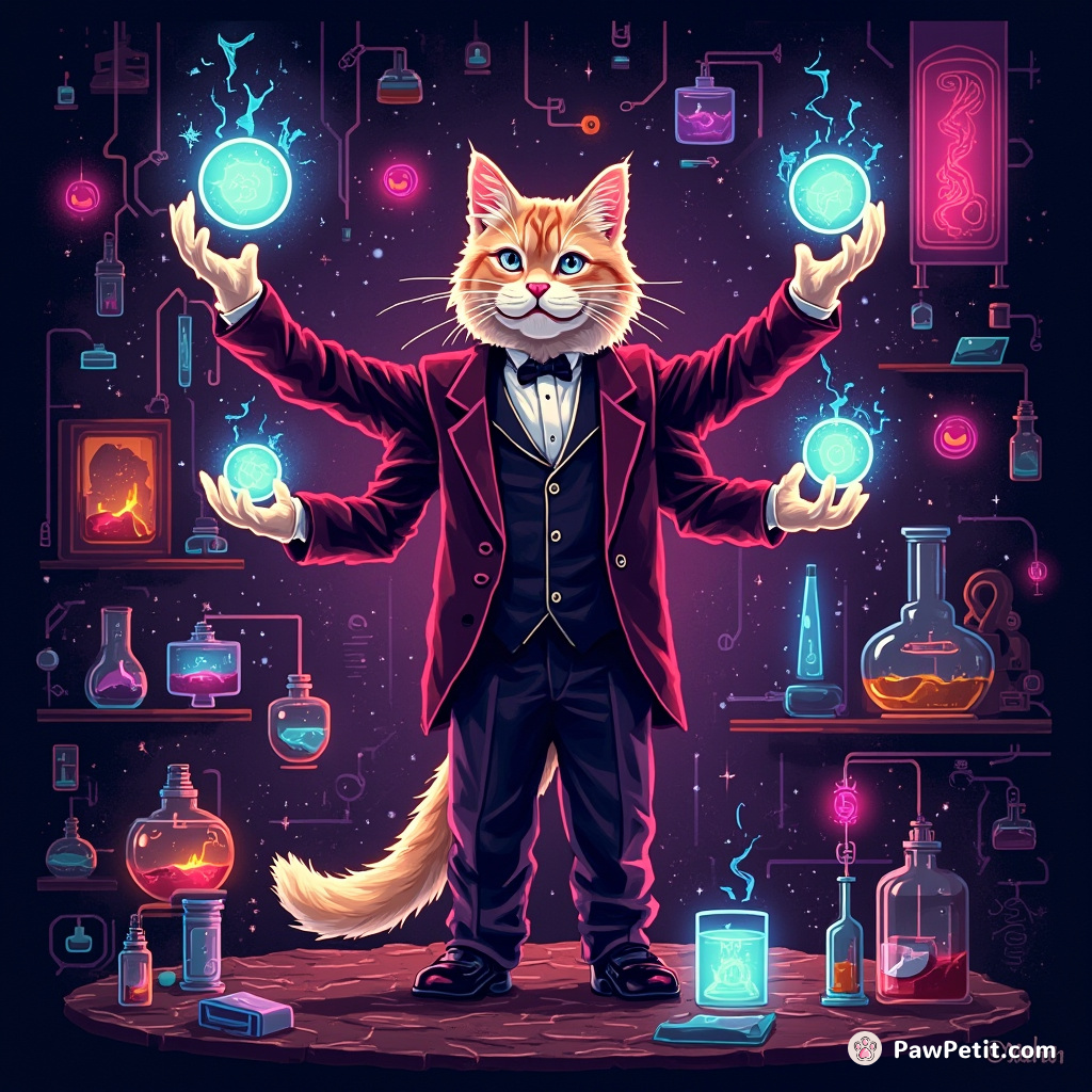 A neon cat cosplaying as Nikola Tesla, inventively juggling plasma balls amidst a chaotic laboratory filled with cool electromagnetic experiments.