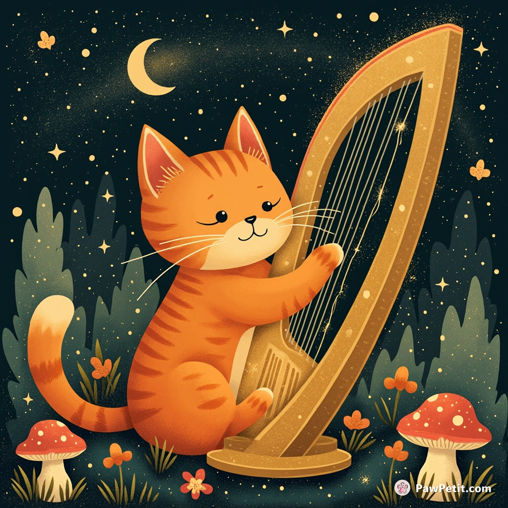 A bright orange cat playing a sparkling harp made of cosmic stardust in an enchanted mushroom forest.