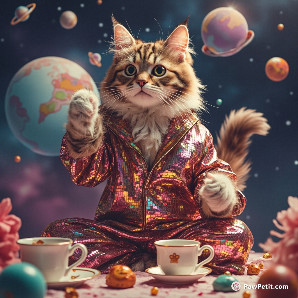 Cat hosting an intergalactic tea party in zero gravity Space Librecket rocking a 70's Disco jumpsuit.