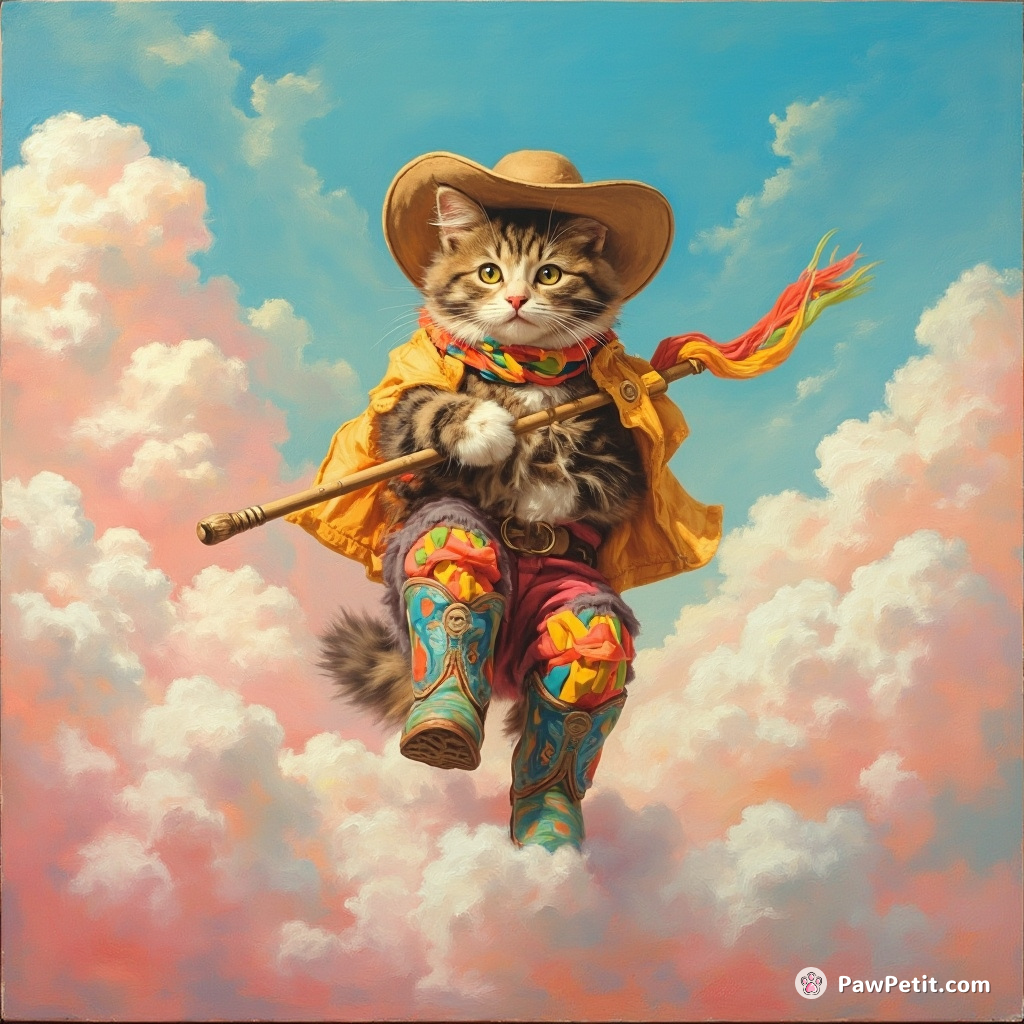 Cat shepherding fluffy clouds across a bubblegum sky in rainbow cowboy boots.