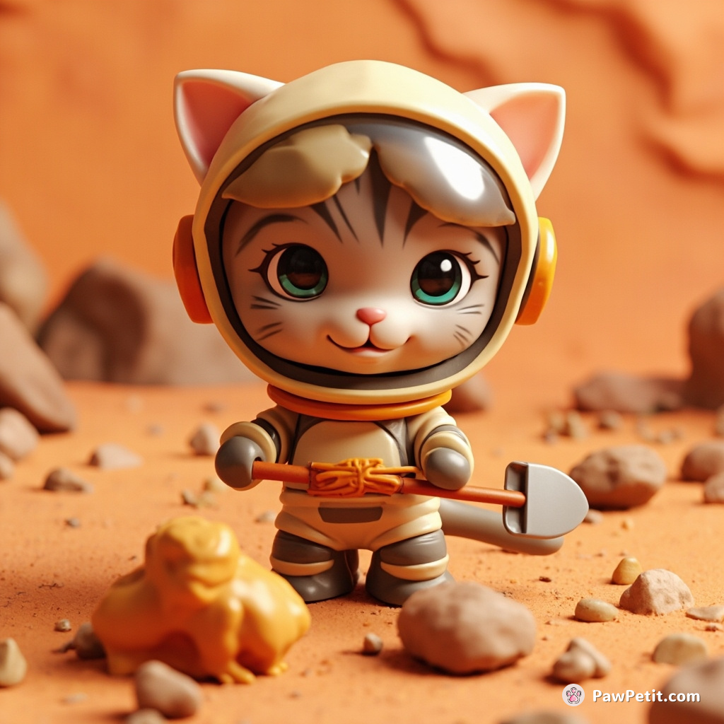 A ragdoll cat fossil hunting on Mars with a miniature shovel and helmet.