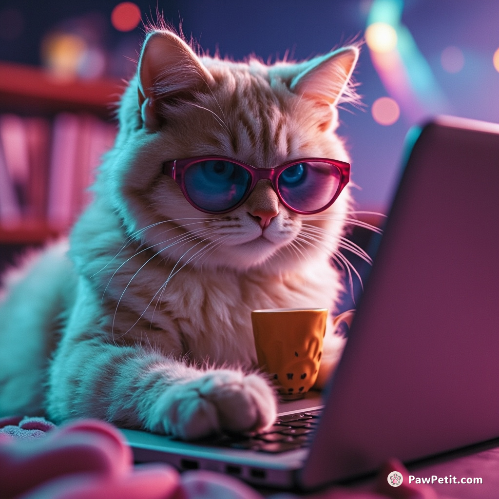 Curious feline dons tiny spectacles, sips tea, and practices typing with gentle paw pats on a laptop.
