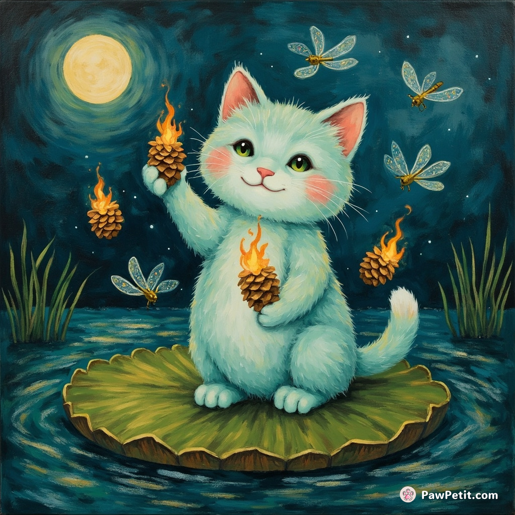 A pale turquoise cat juggling burning pinecones on a floating lily pad, with translucent dragonfly wings glittering in the moonlight.