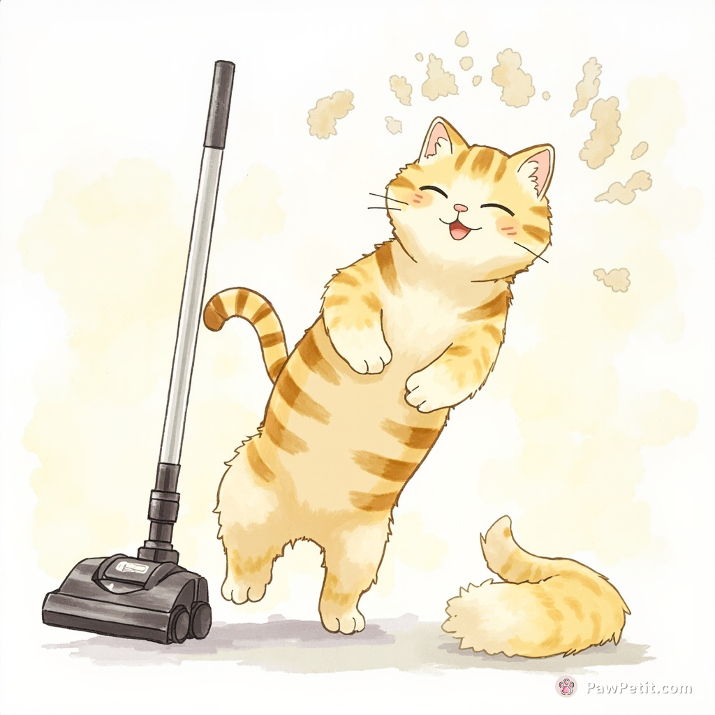 Cat tries to walk upright, accidentally triggers vacuum cleaner causing stampsnapshot-sama laughs. Chaos reigns, fur flies.