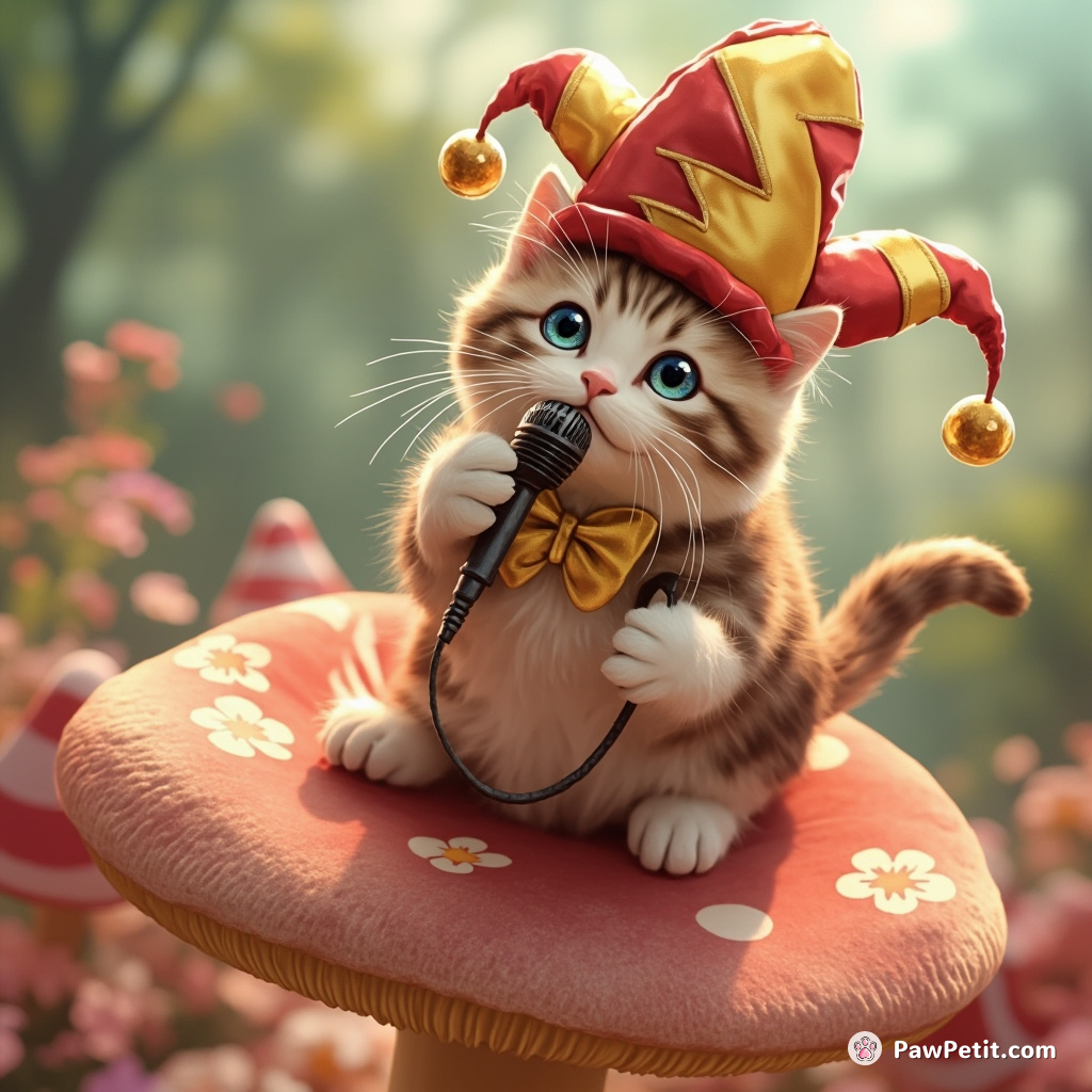 Cat performing a standup comedy act on a floating mushroom in candyland, wearing a Jester's hat.