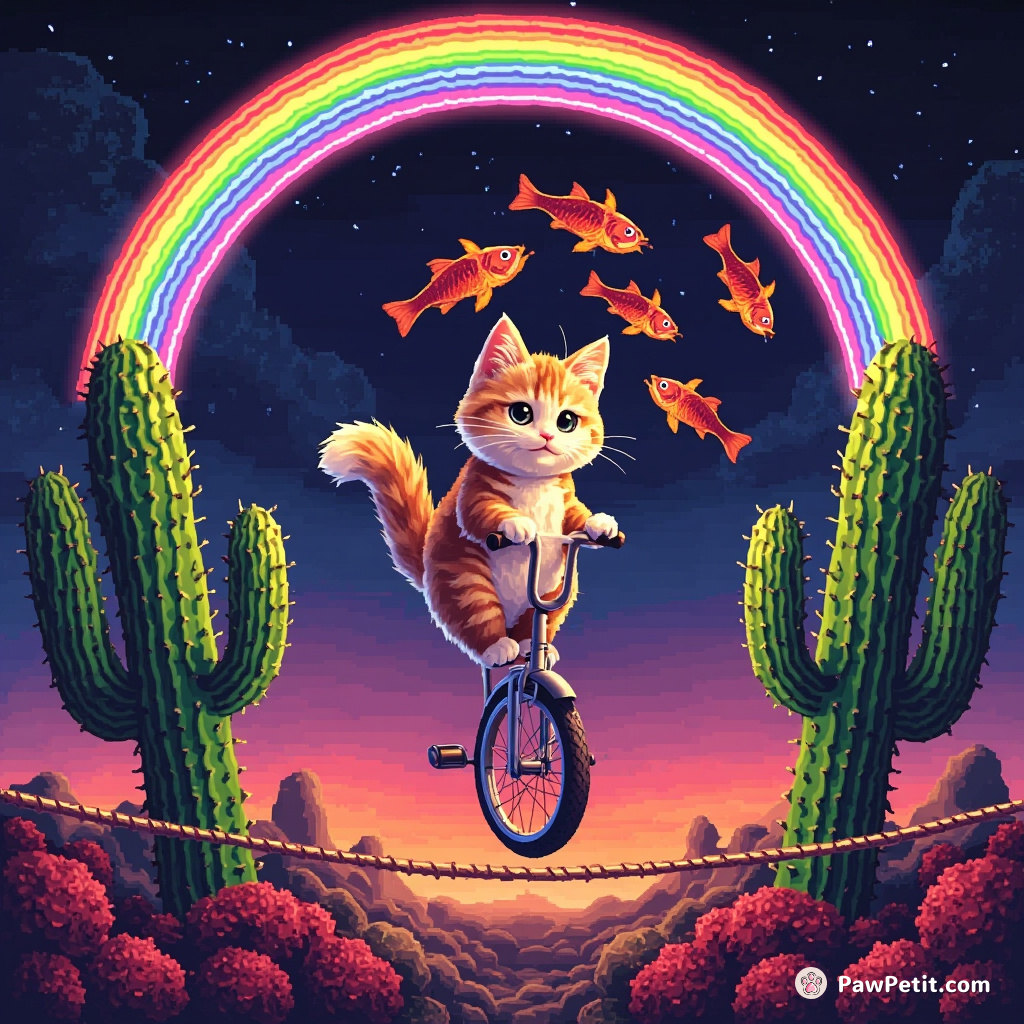 Cat riding a unicycle on a tightrope between two dramatically tall cacti, while juggling fiery fish under a neon rainbow.