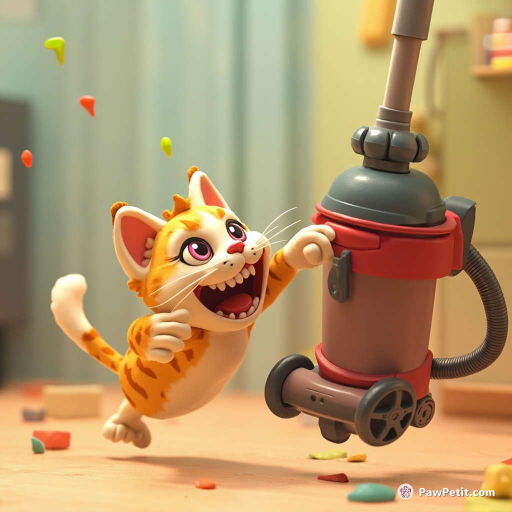 Cat aggressively pounces on a vacuum cleaner, believing it to be a menacing beast.