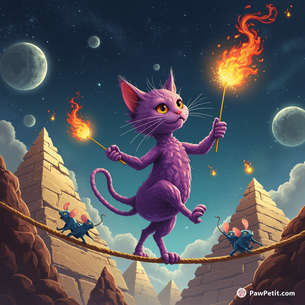A purple alien cat, juggling fireballs ridden by blue mice, on a tightrope suspended between two floating pyramids in space.