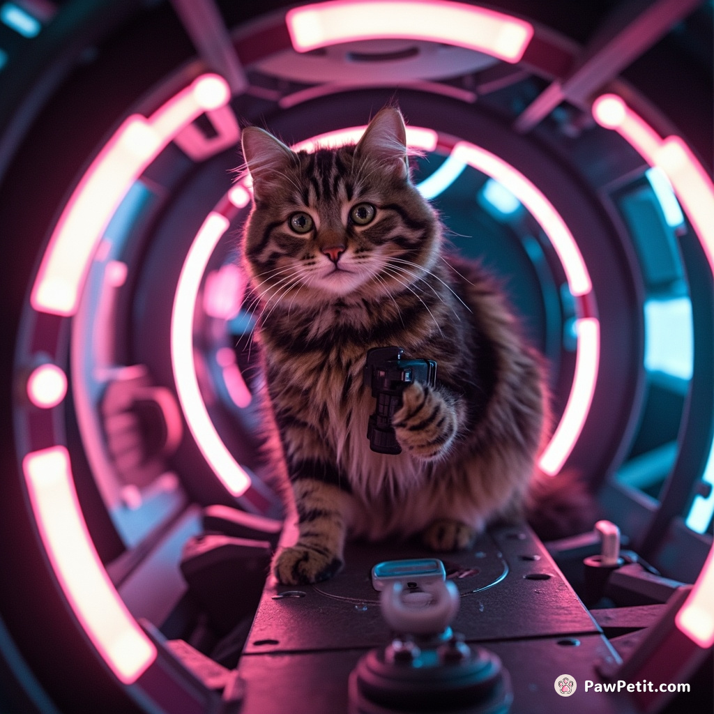 In the heart of a neon spaceship, Sparkles, a tabby cat haphazardly expertly controls wormhole navigating levers with acrobatic grace.