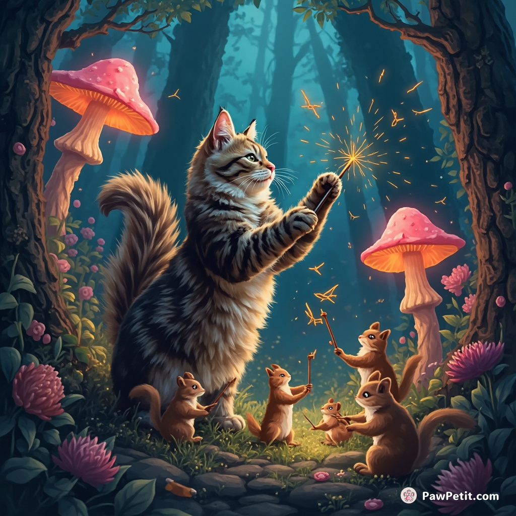 Cat conducting a symphony of squirrels with its tail in an enchanted forest lit by neon mushrooms.