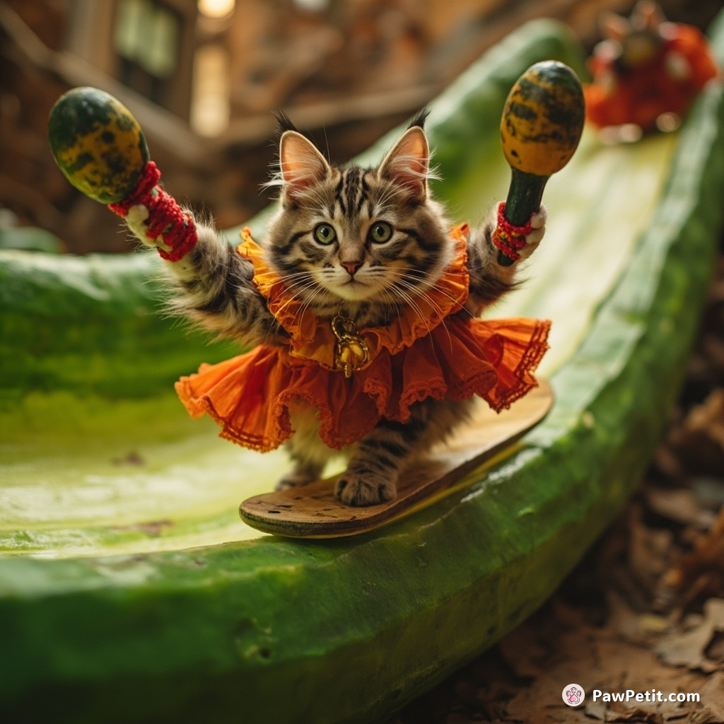 Cat surfing on a cucumber slide while wearing mini-flamenco ruffles and snapping maracas.