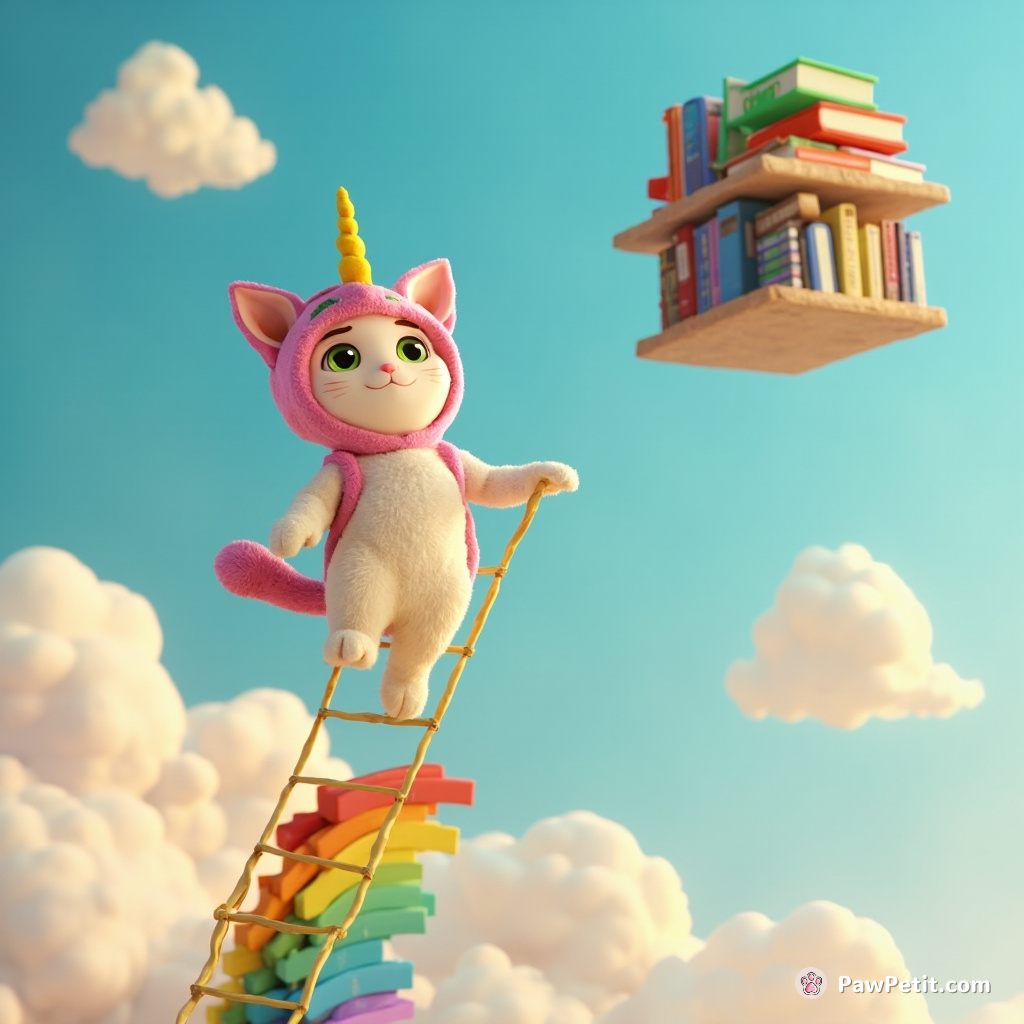 Cat in a unicorn costume climbing a rainbow ladder to the floating library in sky.